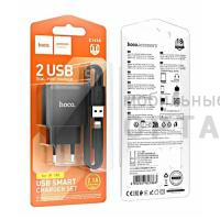 Блок питания сетевой 2 USB HOCO C141A Smart, 2100mA, пластик, кабель Usb to Lightning,, цвет: чёрный (1/28/168)