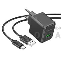 Блок питания сетевой 1 USB HOCO CS12A Ocean, PD18Вт, QC3.0, кабель USB - Type-C, цвет: чёрный (1/28/168)